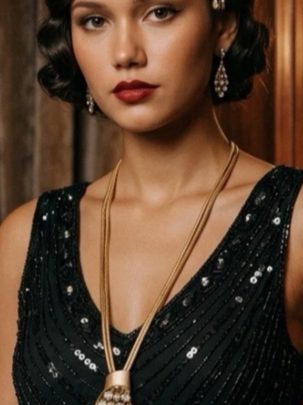 Vintage gold brushed flapper rhinestone necklace - Picture 5 of 5